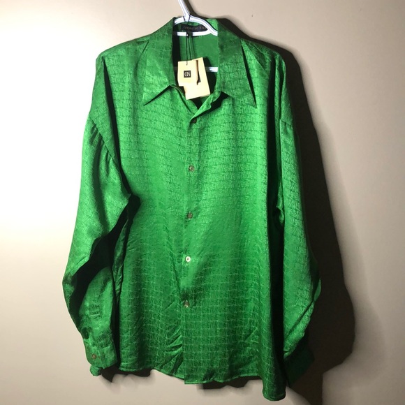 Creme de silk green patterned 100% silk dress top - Picture 1 of 5